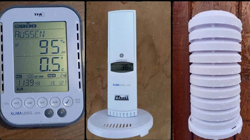 Datenlogger mit Sensor und Abdeckung für die Nutzung im Freien